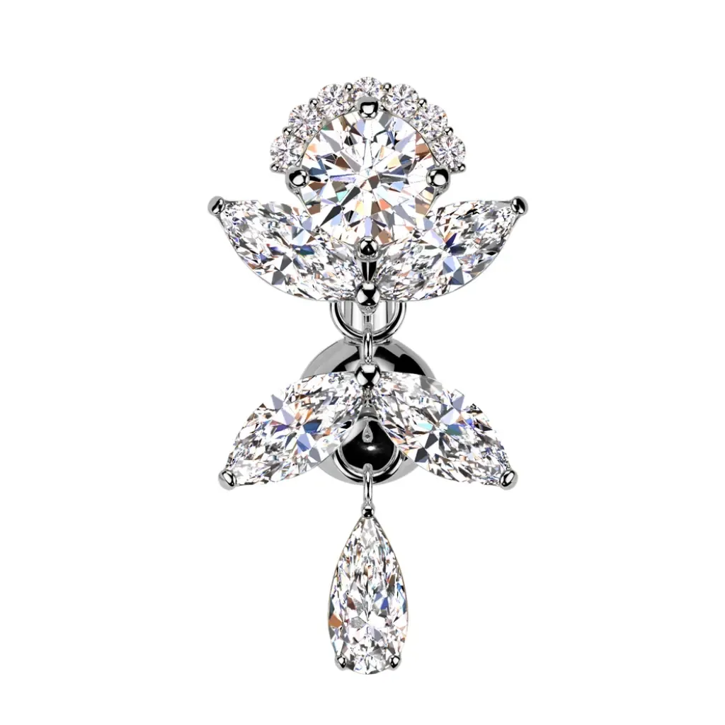 Umgedrehtes Bauchnabelpiercing mit Anhänger aus Kristallblättern, Silber