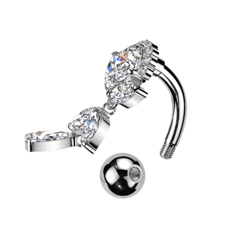 Piercing au nombril inversé avec pendentif en feuilles de cristal, argent