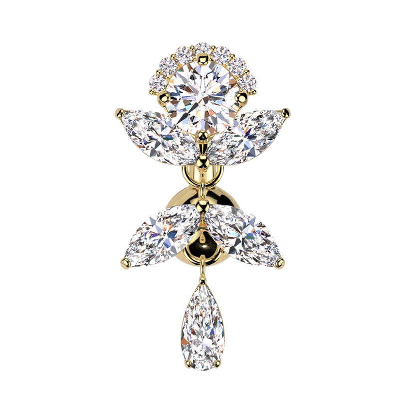 Piercing au nombril inversé avec pendentif en feuilles de cristal, or