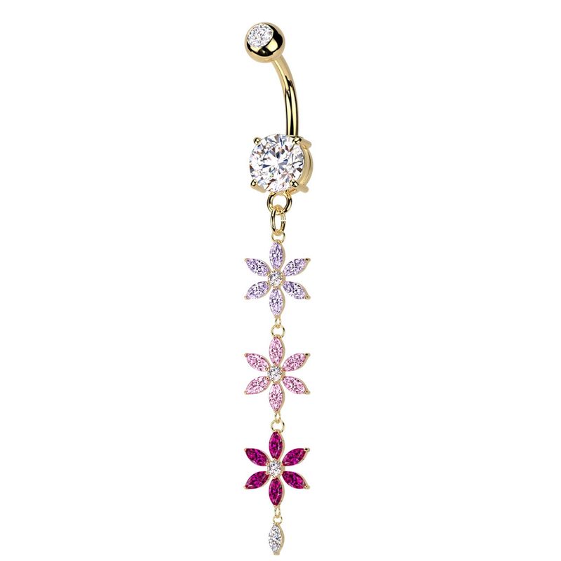 Piercing nombril avec chaîne de petites fleurs doré