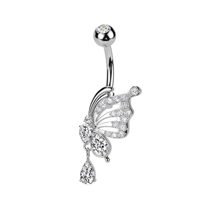 Piercing nombril papillon en zirconium &amp; goutte – Argenté