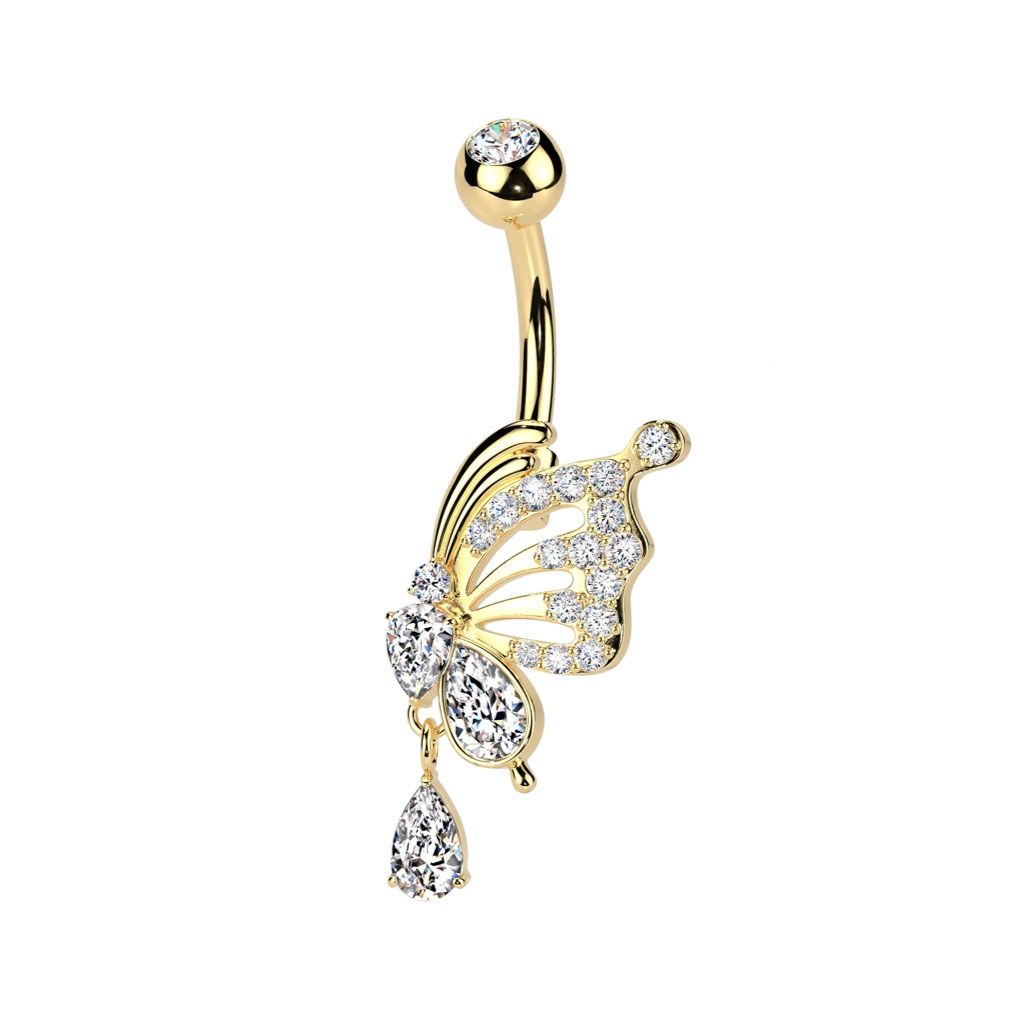 Vergoldetes Bauchnabelpiercing mit Schmetterling &amp; Tropfenanhänger