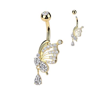 Vergoldetes Bauchnabelpiercing mit Schmetterling &amp; Tropfenanhänger