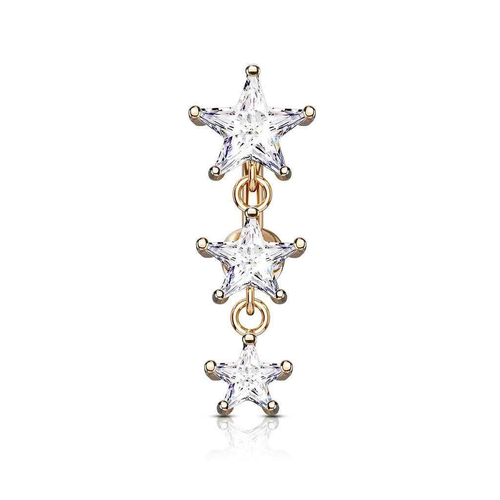 Umgedrehtes Bauchnabelpiercing mit Anhänger drei Sterne rosegold