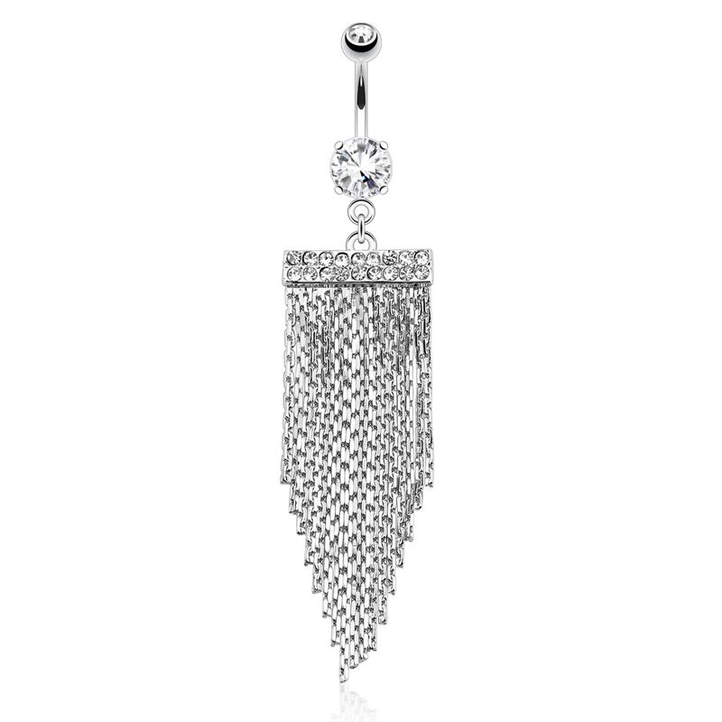Bauchnabelpiercing Anhänger aus weissen Zirkonialinien und Fransenketten