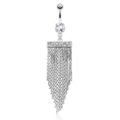 Bauchnabelpiercing Anhänger aus weissen Zirkonialinien und Fransenketten