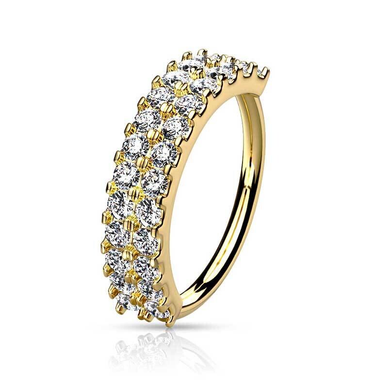 Anneau de piercing double rangée de cristaux doré