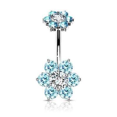 Bauchnabelpiercing mit Kristallblumen weiss-aqua