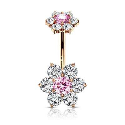 Bauchnabelpiercing mit Kristallblumen rosegold-pink