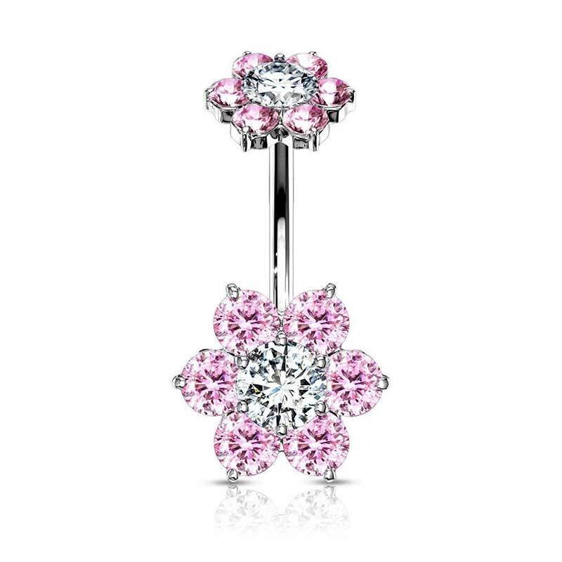 Bauchnabelpiercing mit Kristallblumen pink