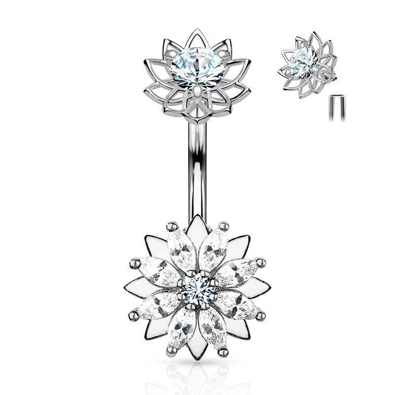 Bauchnabelpiercing mit doppelter Lotusblume und Kristalle silber