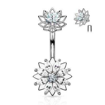 Bauchnabelpiercing mit doppelter Lotusblume und Kristalle silber