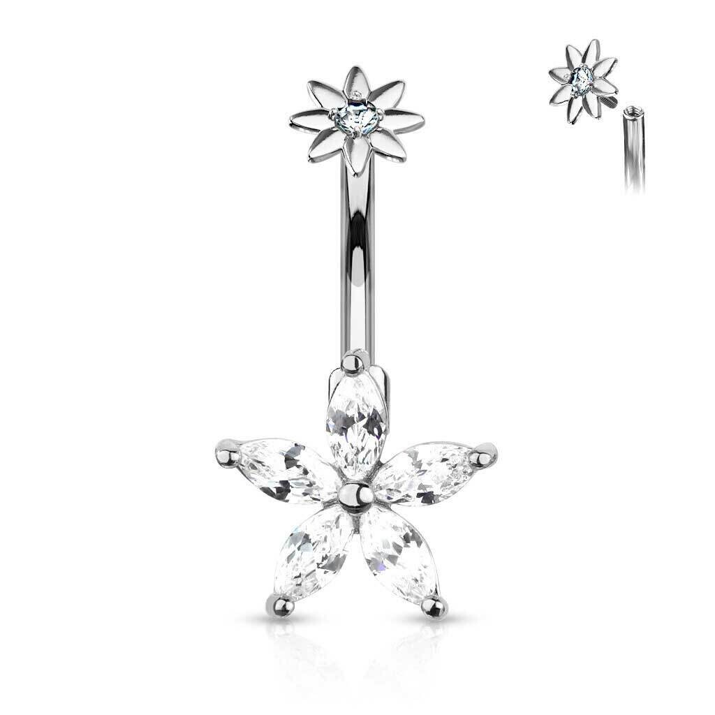 Bauchnabelpiercing Doppel Kristallblume fünf Blütenblätter silber