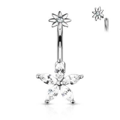 Bauchnabelpiercing Doppel Kristallblume fünf Blütenblätter silber