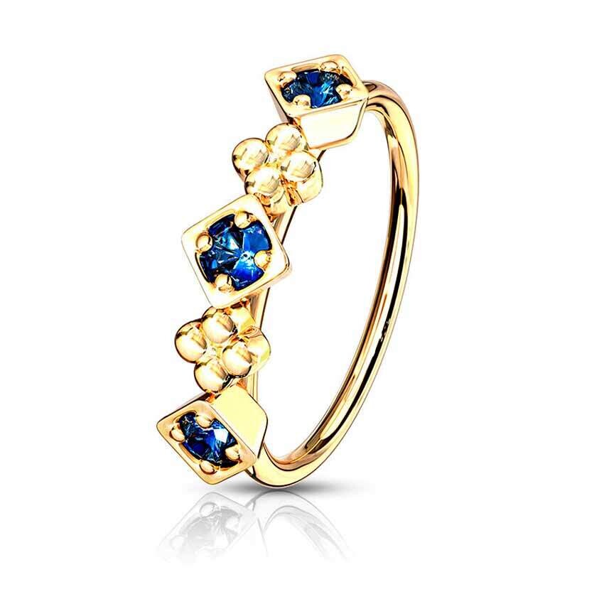 Anneau de piercing trois cristaux bleu saphir