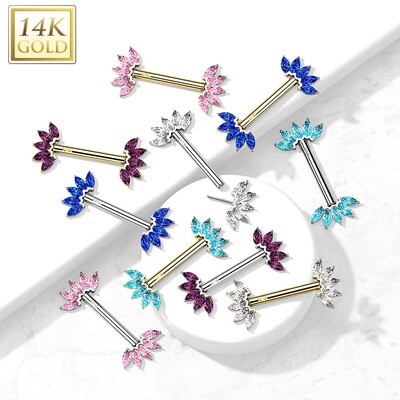 Nippelpiercing aus 14K Gold mit farbigen Kristallfedern
