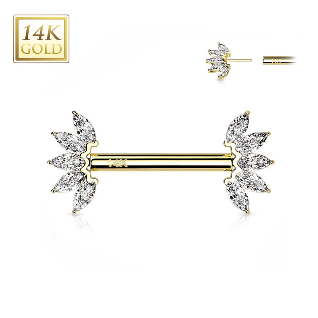 Nippelpiercing aus 14K Gold mit Kristallfedern