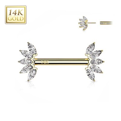 Nippelpiercing aus 14K Gold mit Kristallfedern