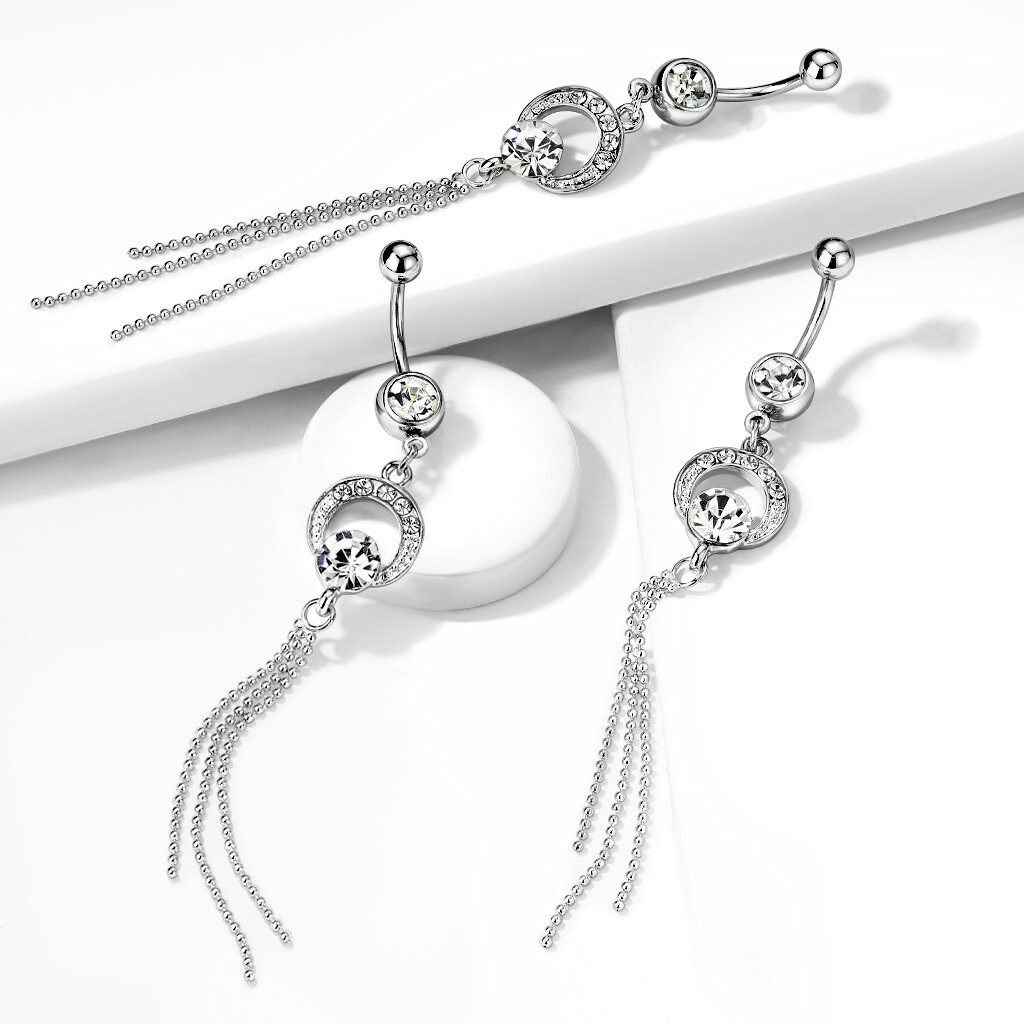 Bauchnabelpiercing mit Halbmond, Zirkonia und langer Kette