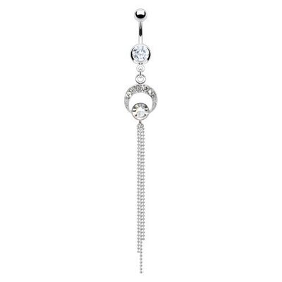 Bauchnabelpiercing mit Halbmond, Zirkonia und langer Kette