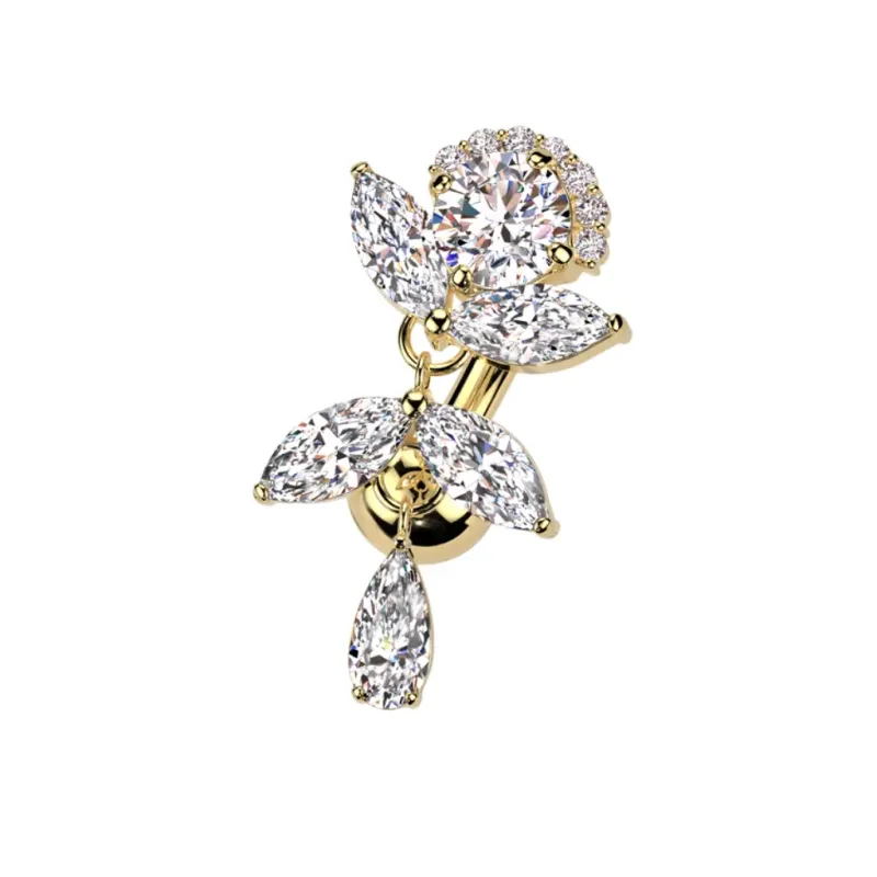 Piercing au nombril inversé avec pendentif en feuilles de cristal, or