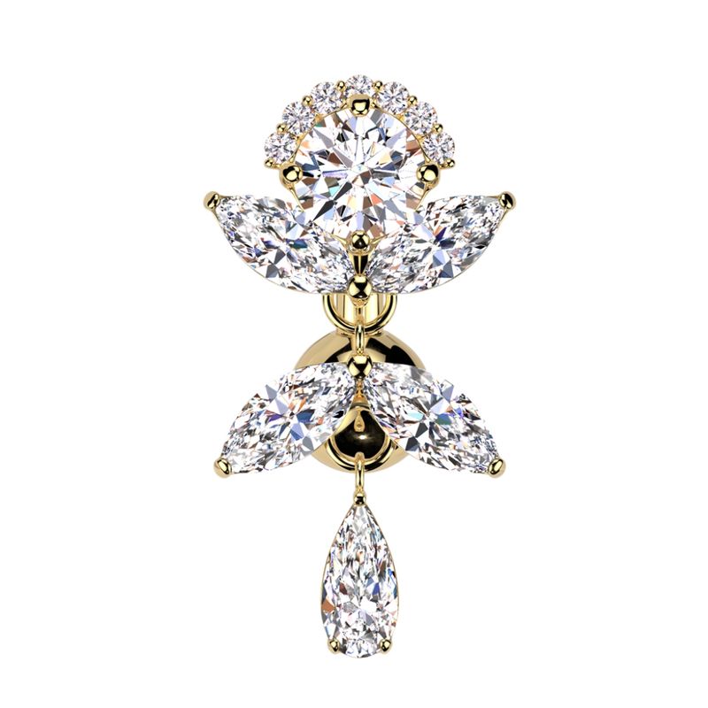 Piercing au nombril inversé avec pendentif en feuilles de cristal, or