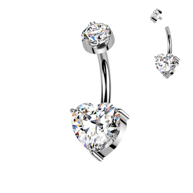 Bauchnabelpiercing aus Titan Moissanit-Diamanten Herz zwei Ansichten