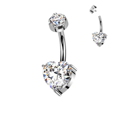 Piercing au nombril en titane avec diamants moissanite en forme de cœur deux vues
