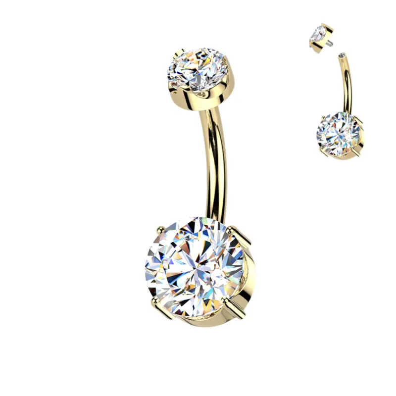 Piercing au nombril en titane avec diamants moissanite plaqué or 24 carats deux vues