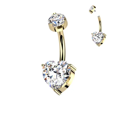 Piercing au nombril en titane avec diamants moissanite en forme de cœur 24k
