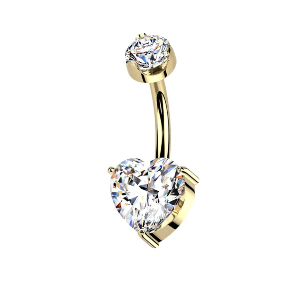 Bauchnabelpiercing aus Titan Moissanit-Diamanten Herz 24k zwei Ansichten