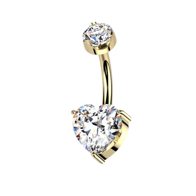 Piercing au nombril en titane avec diamants moissanite en forme de cœur 24k deux vues 