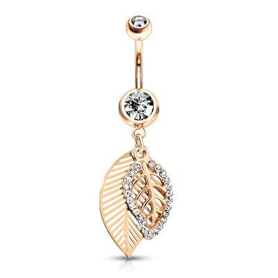 Bauchnabelpiercing mit Blatt-Anhänger rosegold