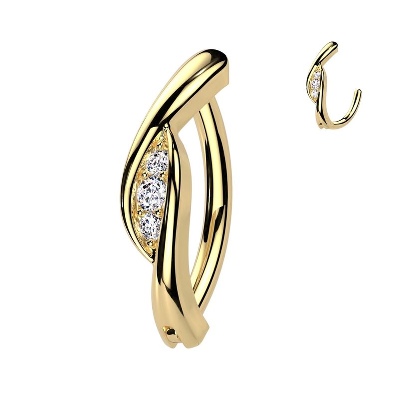 Anneau au nombril Spirale enlacée 3 zircons doré