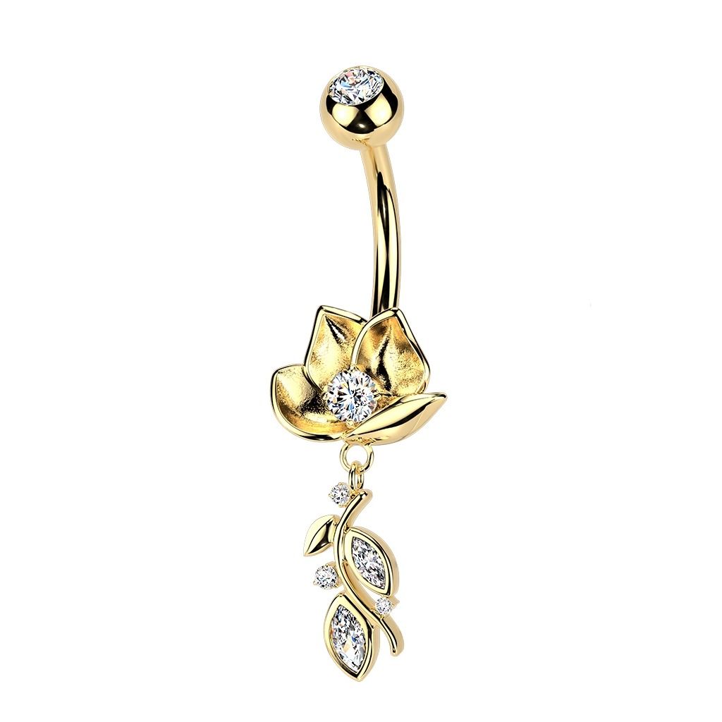 Bauchnabelpiercing mit Rosenblüte und Anhänger vergoldet