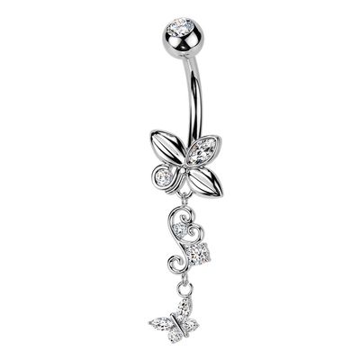 Bauchnabelpiercing mit Schmetterling und Herzanhänger mit Zirkonia