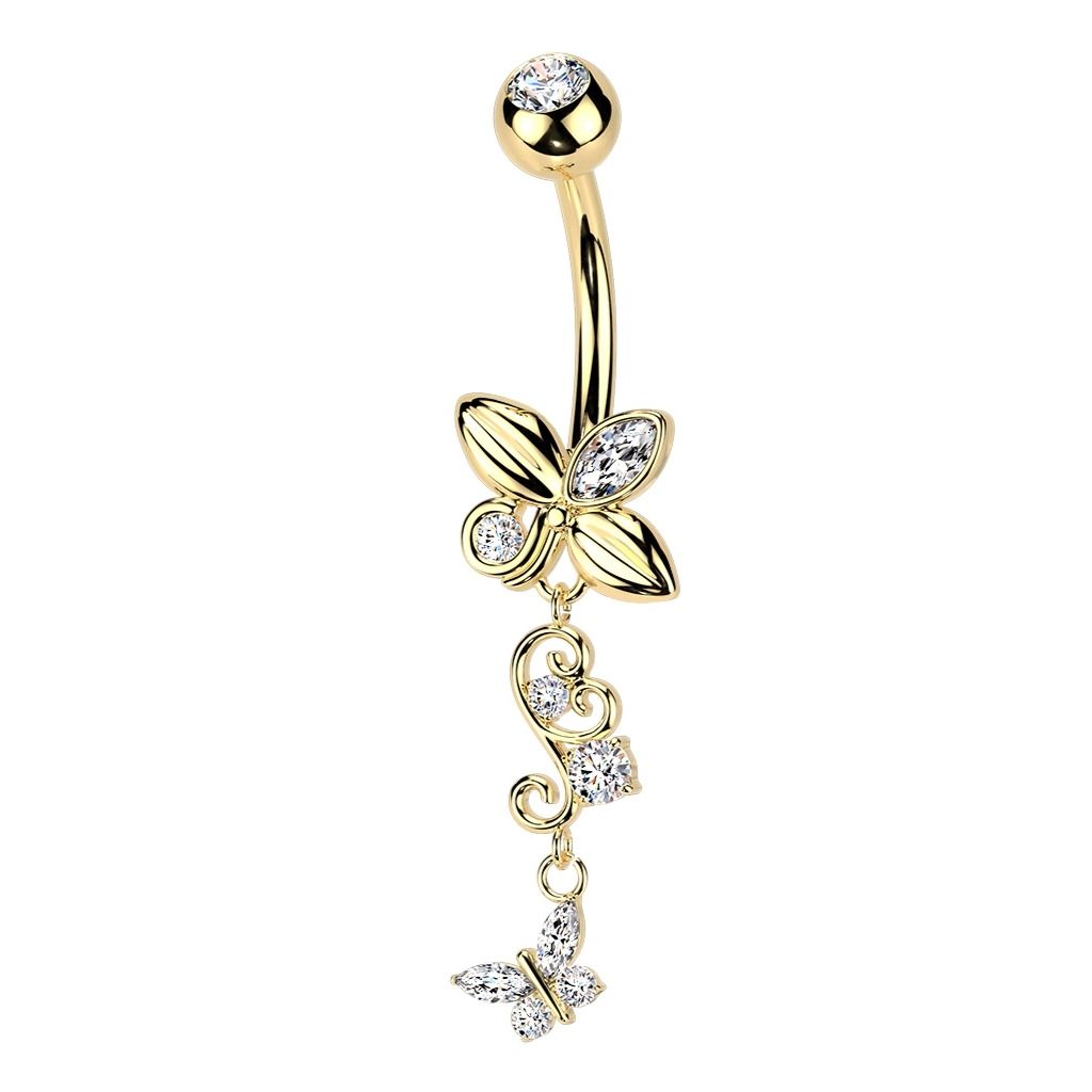 Bauchnabelpiercing mit Schmetterling und Herzanhänger vergoldet
