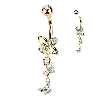 Bauchnabelpiercing mit Schmetterling und Herzanhänger vergoldet