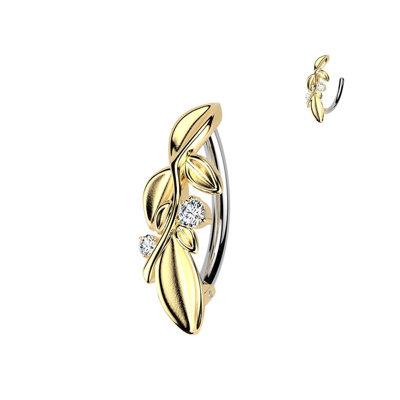 Piercing au nombril anneau feuilles et cristal doré