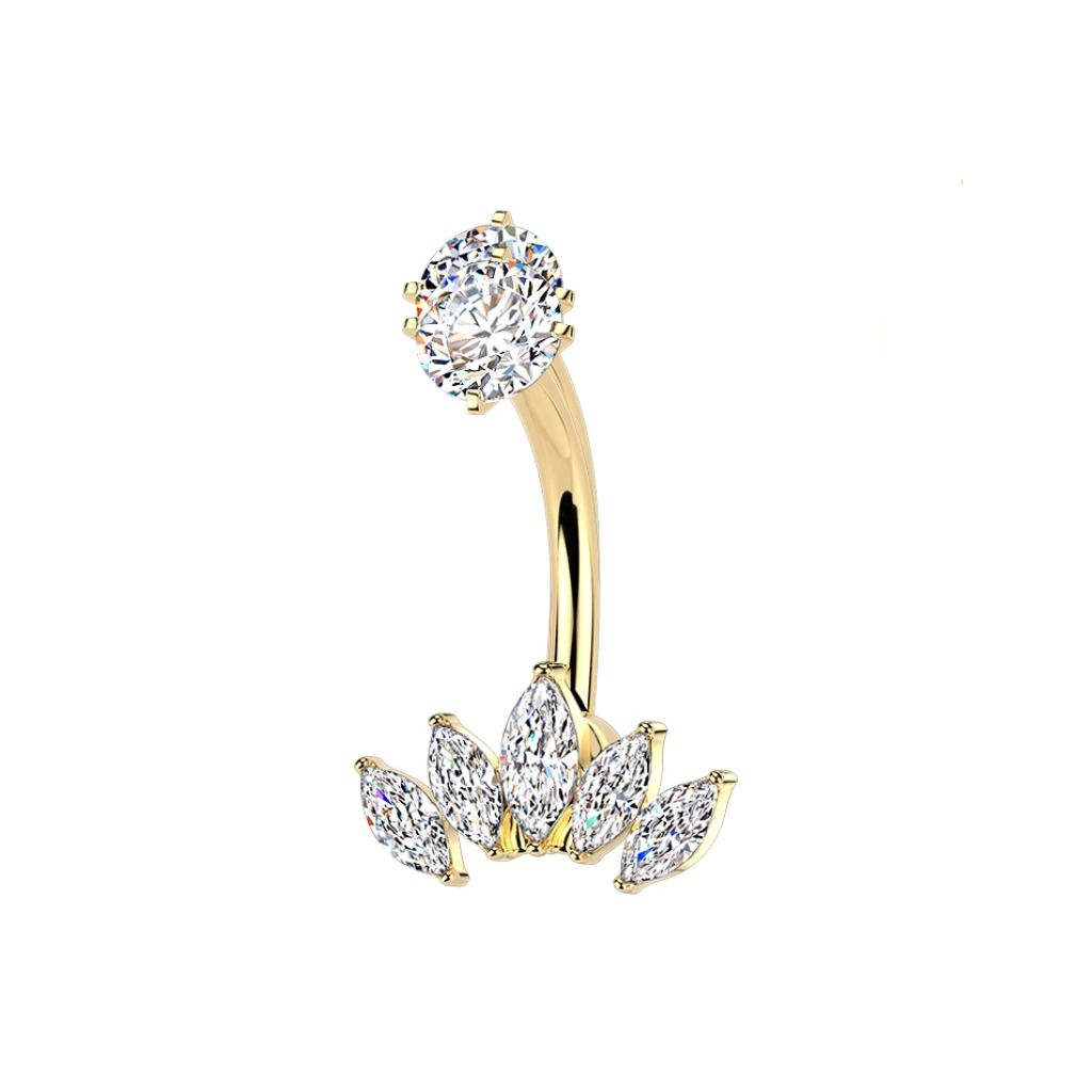 Piercing au nombril en titane PVD or avec filetage interne et couronne de zircons