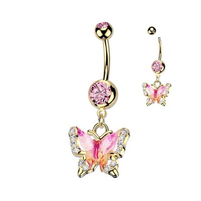 Goldenes Bauchnabelpiercing Schmetterling 316L PVD &amp; CZ