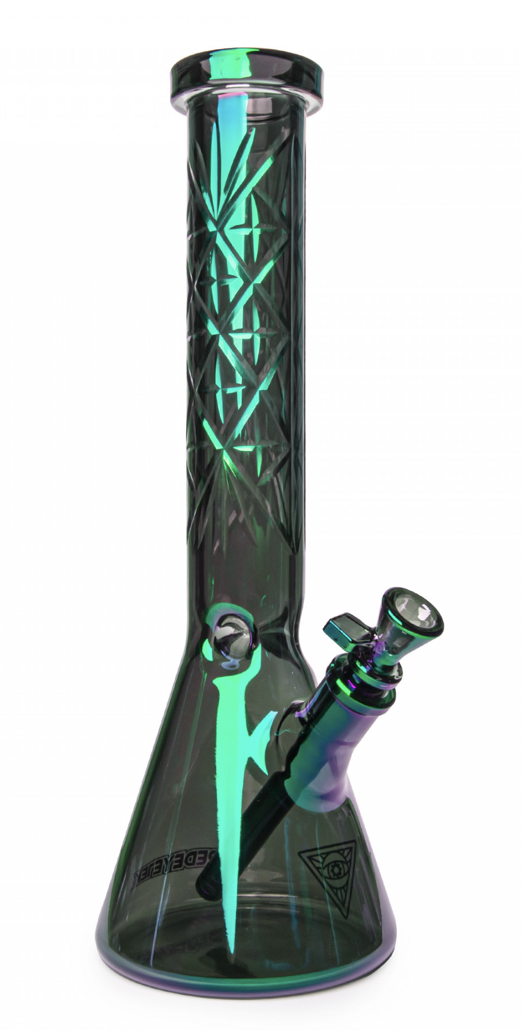15” RED EYE-Green Metallic Terminator Finish Beaker Bong w/Hobstar Engraving