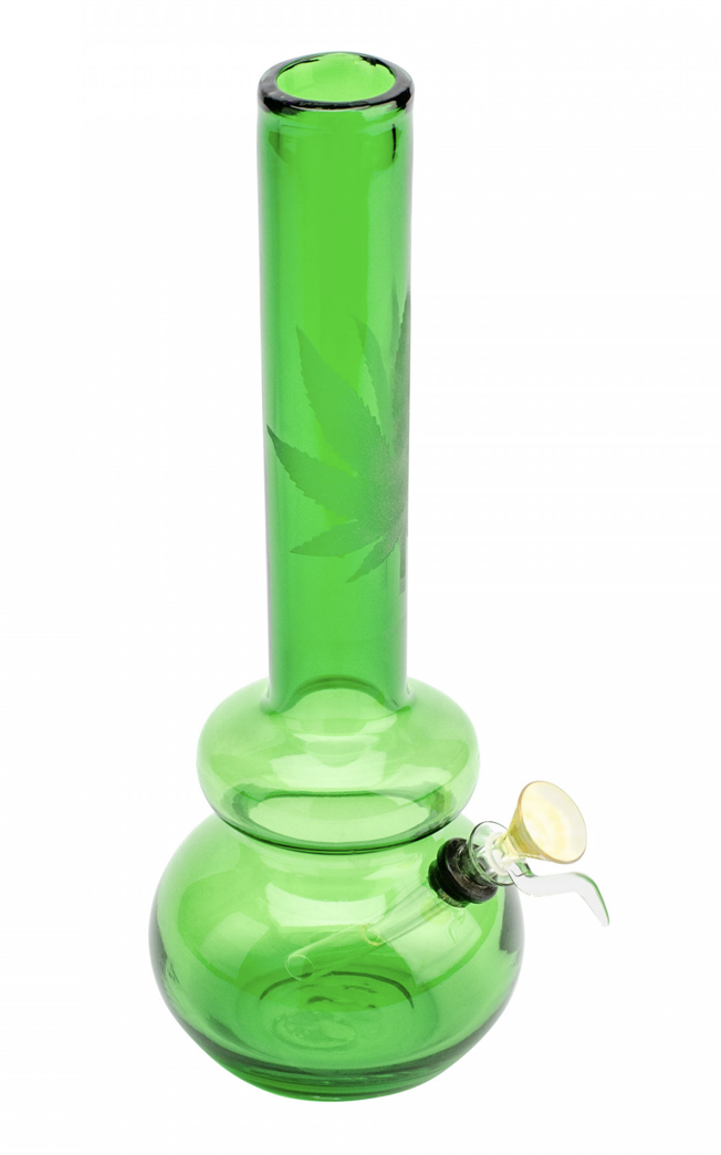 12&quot; RETRO GLASS-Green Etched Cannabis Leaf Bong w/Ice Pinch