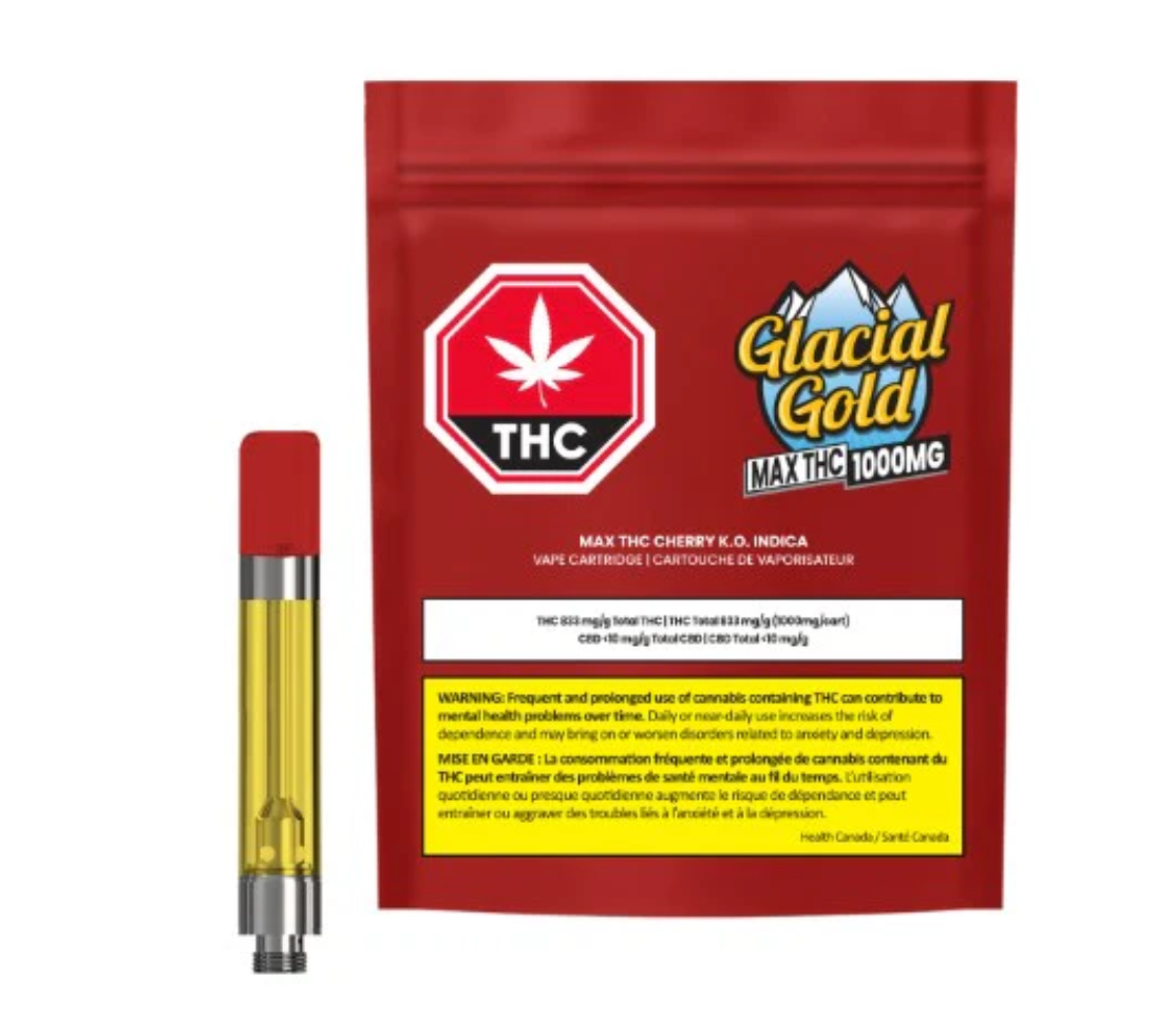 1.2g GLACIAL GOLD-Max THC Cherry K.O. Indica Vape Cartridge