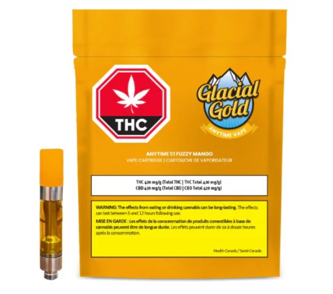 1g GLACIAL GOLD-Fuzzy Mango 1:1 CBD Anytime Vape Cartridge