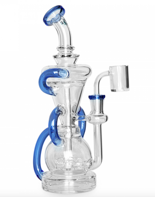 10” GEAR PREMIUM-Sapphire Blue Crystal Glide Triple Uptake Dual Chamber Concentrate Recycler Dab Rig
