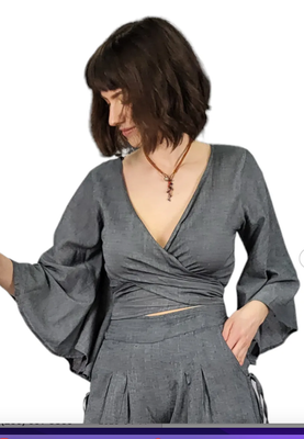 SALMO CANNABIS-Solid Bell Sleeve Wrap Top