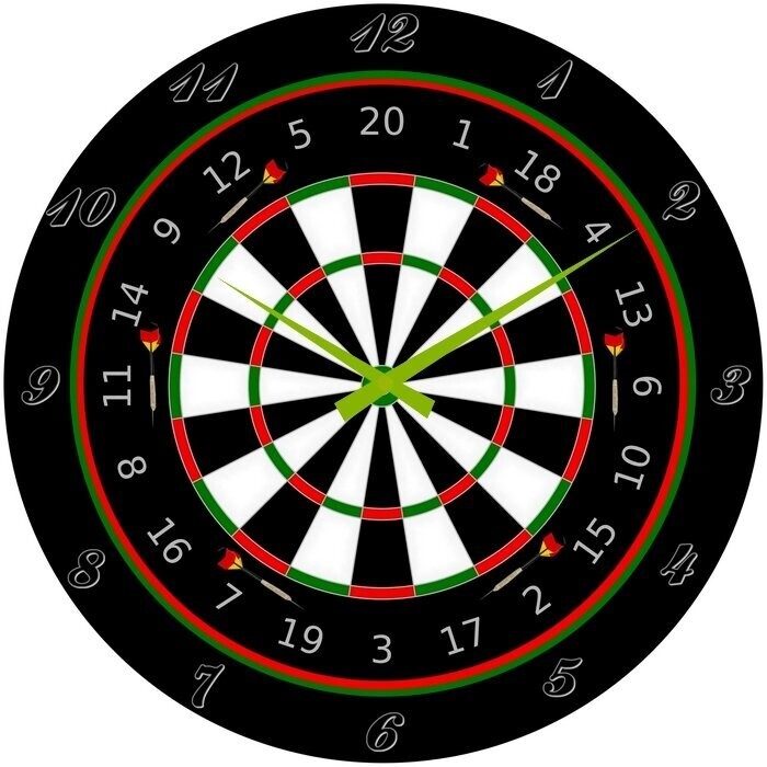 Dartuhr mit farbigen Rand und Dartpfeile