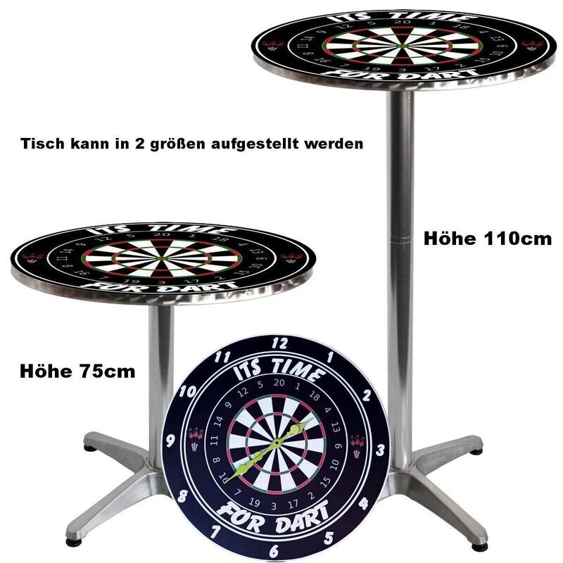 Stehtisch bzw. Bistrotisch mit Aufdruck Dart Dartscheibe und XXXXL 60cm Durchmesser Dart Wanduhr beides mit Aufdruck Its Time for Dart