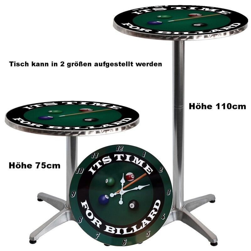 Stehtisch bzw. Bistrotisch mit Aufdruck Billard und XXXXL 60cm Durchmesser Billard Wanduhr beides mit Aufdruck Its Time for Billard